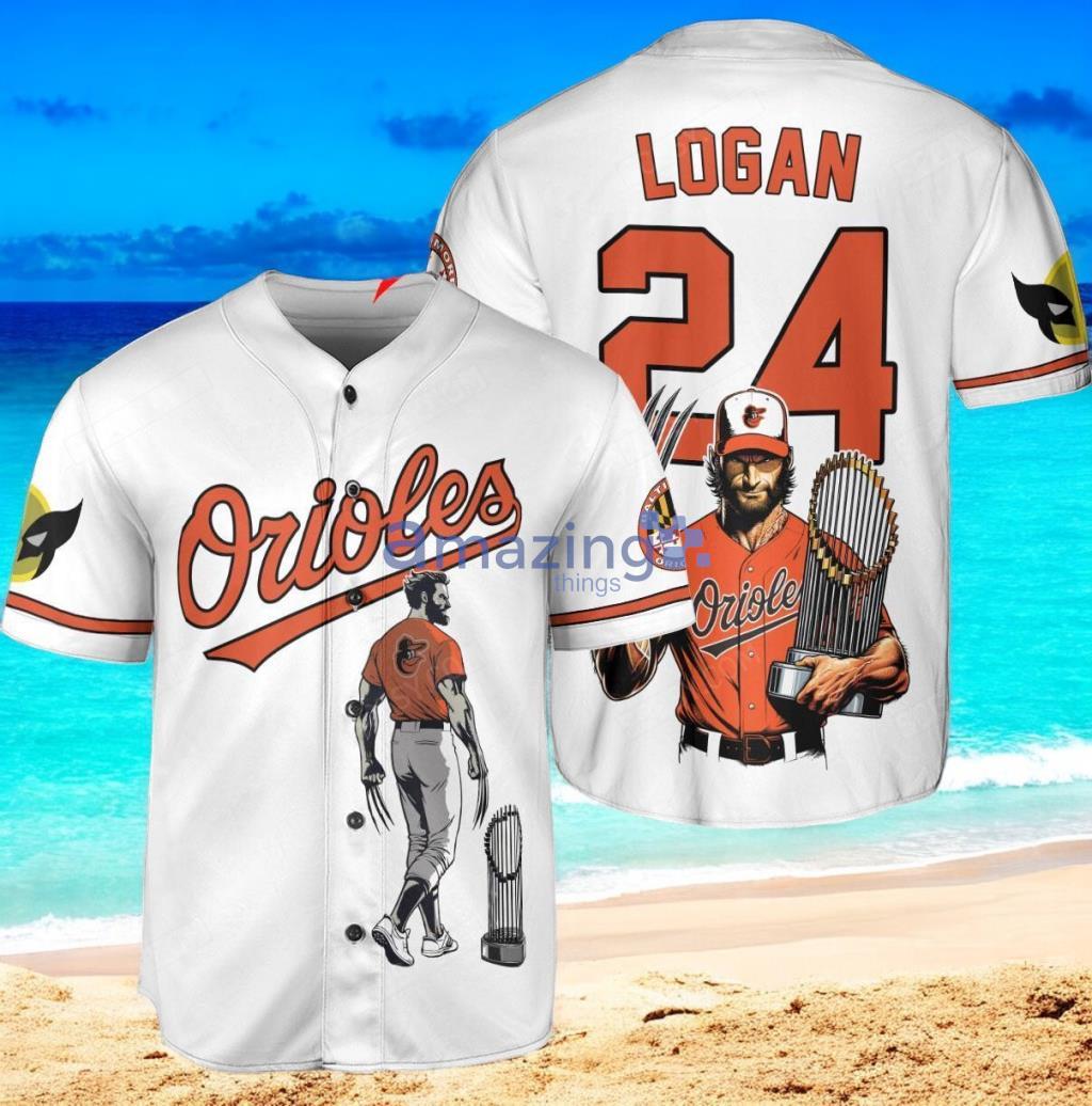 Baltimore Orioles x Wolverine Logan with Trophy Custom Baseball Jersey Shirt White image Baltimore Orioles x Wolverine Logan with Trophy Custom Baseball Jersey Shirt White Product Photo 1