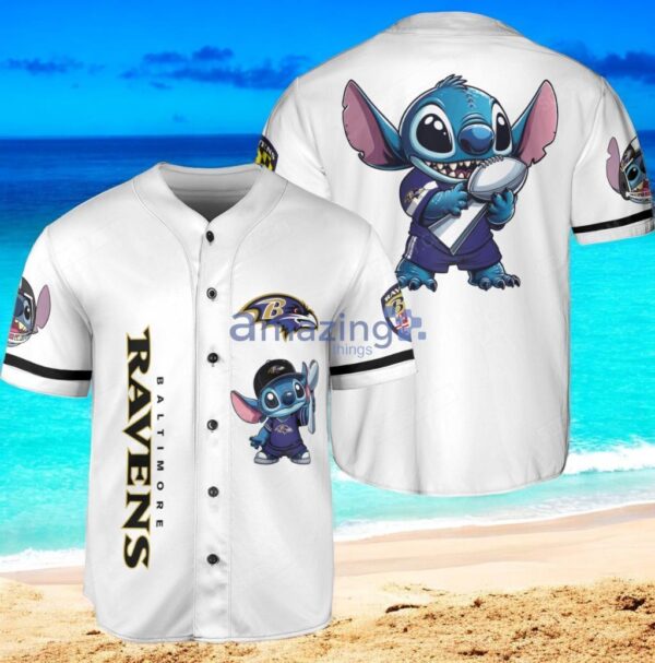 Baltimore Ravens Lilo & Stitch Baseball Jersey Shirt White Vintage style Product Photo 1