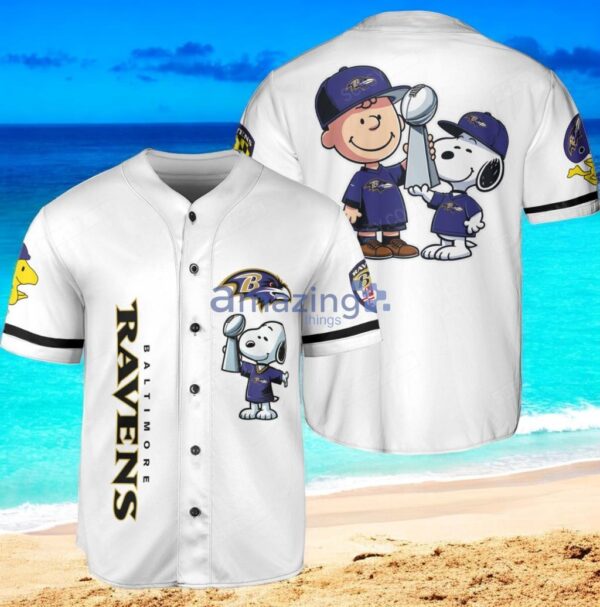 Baltimore Ravens Peanut Snoopy Baseball Jersey Shirt White Vintage style Product Photo 1