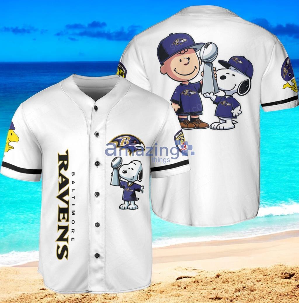 Baltimore Ravens Peanut Snoopy Baseball Jersey Shirt White Vintage style image Baltimore Ravens Peanut Snoopy Baseball Jersey Shirt White Vintage style Product Photo 1