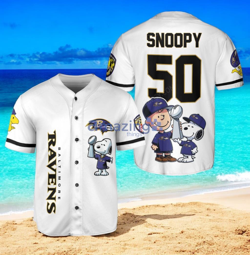 Baltimore Ravens Peanut Snoopy Champion Baseball Jersey Shirt White Vintage style image Baltimore Ravens Peanut Snoopy Champion Baseball Jersey Shirt White Vintage style Product Photo 1