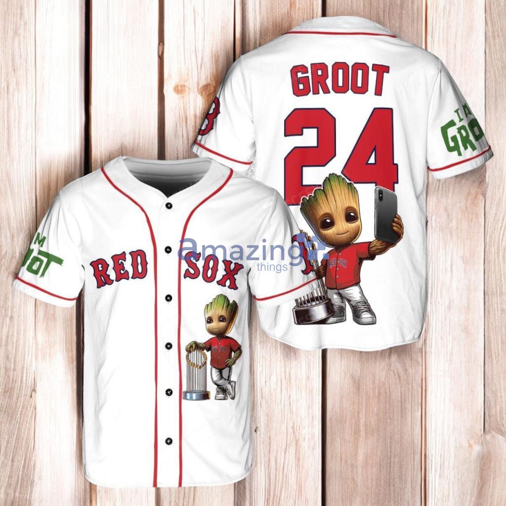 Boston Red Sox x Baby Groot Marvel Guardians Of The Galaxy with Trophy Baseball Jersey Shirt White image Boston Red Sox x Baby Groot Marvel Guardians Of The Galaxy with Trophy Baseball Jersey Shirt White Product Photo 1