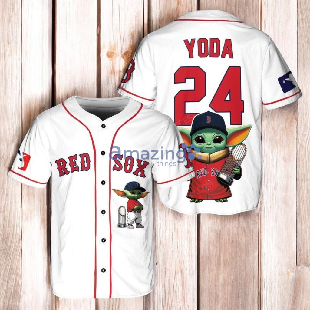 Boston Red Sox x Baby Yoda Star Wars The Mandalorian with Trophy Baseball Jersey Shirt White image Boston Red Sox x Baby Yoda Star Wars The Mandalorian with Trophy Baseball Jersey Shirt White Product Photo 1