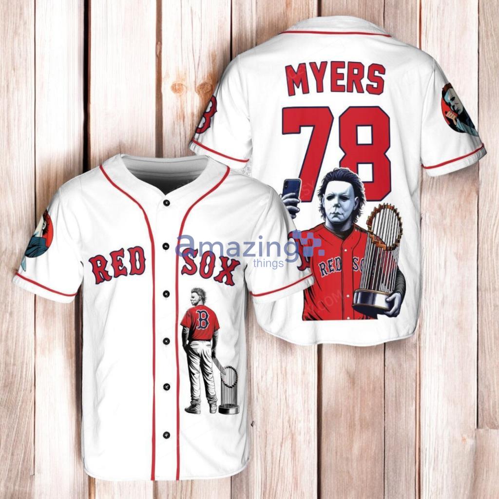 Boston Red Sox x Halloween Michael Myers with Trophy Baseball Jersey Shirt White image Boston Red Sox x Halloween Michael Myers with Trophy Baseball Jersey Shirt White Product Photo 1