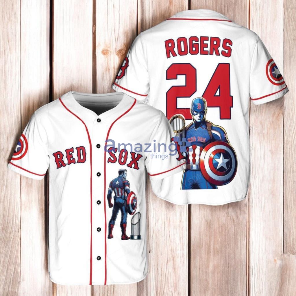 Boston Red Sox x Marvel Captain America Steve Rogers with Trophy Baseball Jersey Shirt White image Boston Red Sox x Marvel Captain America Steve Rogers with Trophy Baseball Jersey Shirt White Product Photo 1