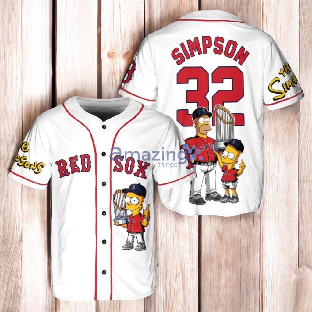 Boston Red Sox x The Simpsons Bart Simpson, Homer Simpson, Lisa Simpson with Trophy Baseball Jersey Shirt White image Boston Red Sox x The Simpsons Bart Simpson, Homer Simpson, Lisa Simpson with Trophy Baseball Jersey Shirt White Product Photo 1