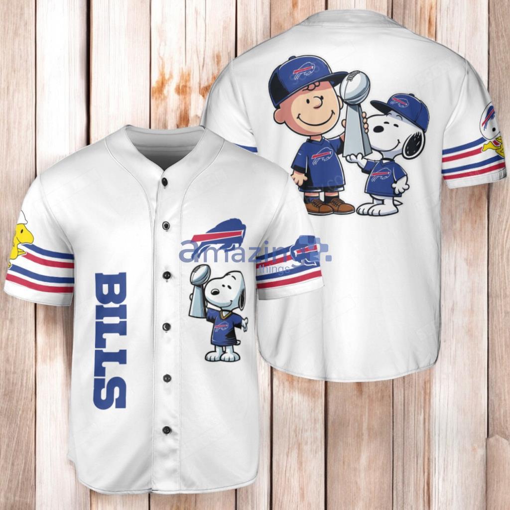 Buffalo Bills Peanut Snoopy Baseball Jersey Shirt White image Buffalo Bills Peanut Snoopy Baseball Jersey Shirt White Product Photo 1