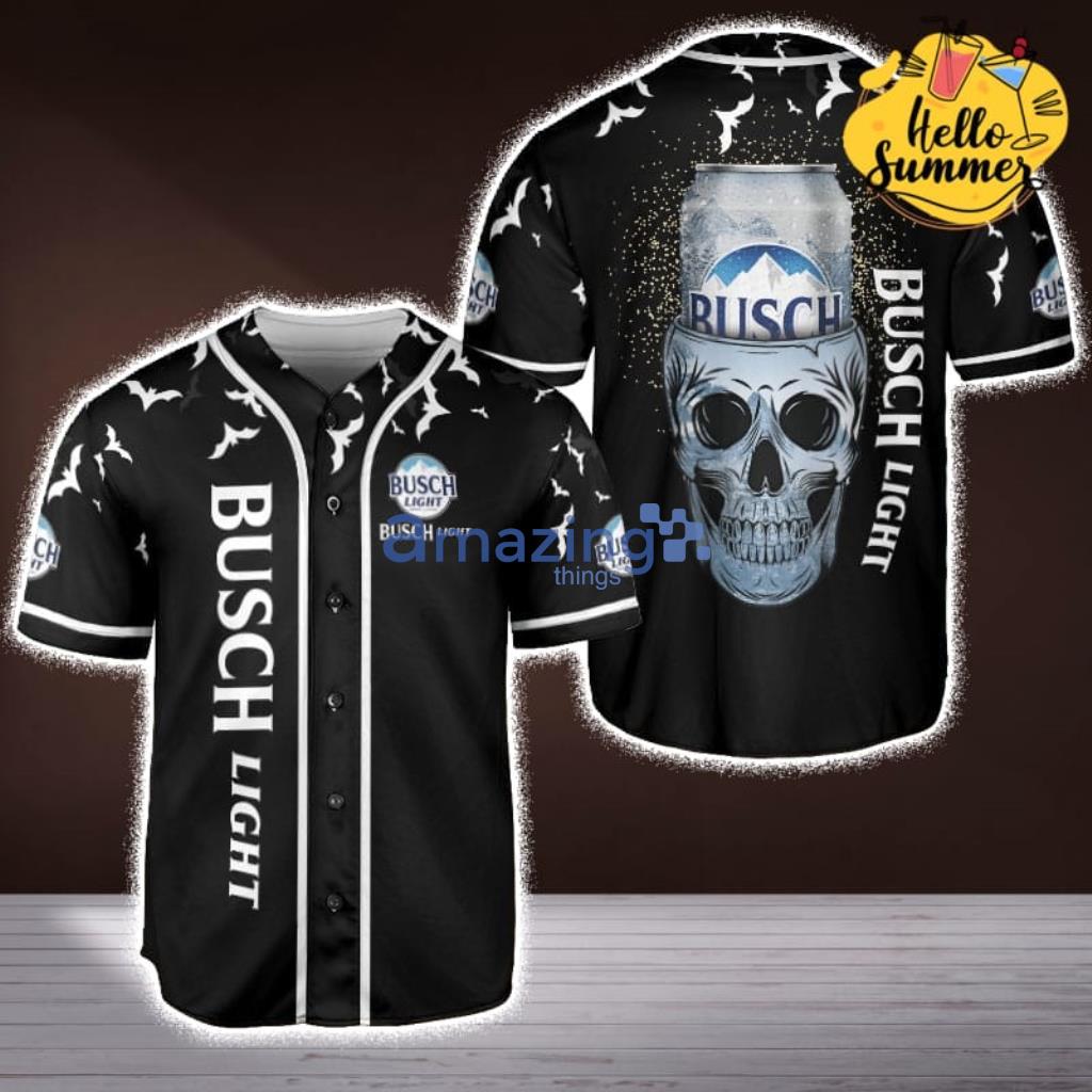 Busch Light Beer Halloween Skeleton With Beer Busch All Over Black Print Baseball Jersey Shirt image Busch Light Beer Halloween Skeleton With Beer Busch All Over Black Print Baseball Jersey Shirt Product Photo 1