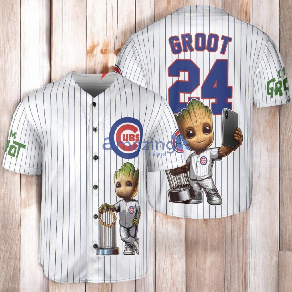 Chicago Cubs x Baby Groot Marvel Guardians Of The Galaxy with Trophy Baseball Jersey Shirt White image Chicago Cubs x Baby Groot Marvel Guardians Of The Galaxy with Trophy Baseball Jersey Shirt White Product Photo 1