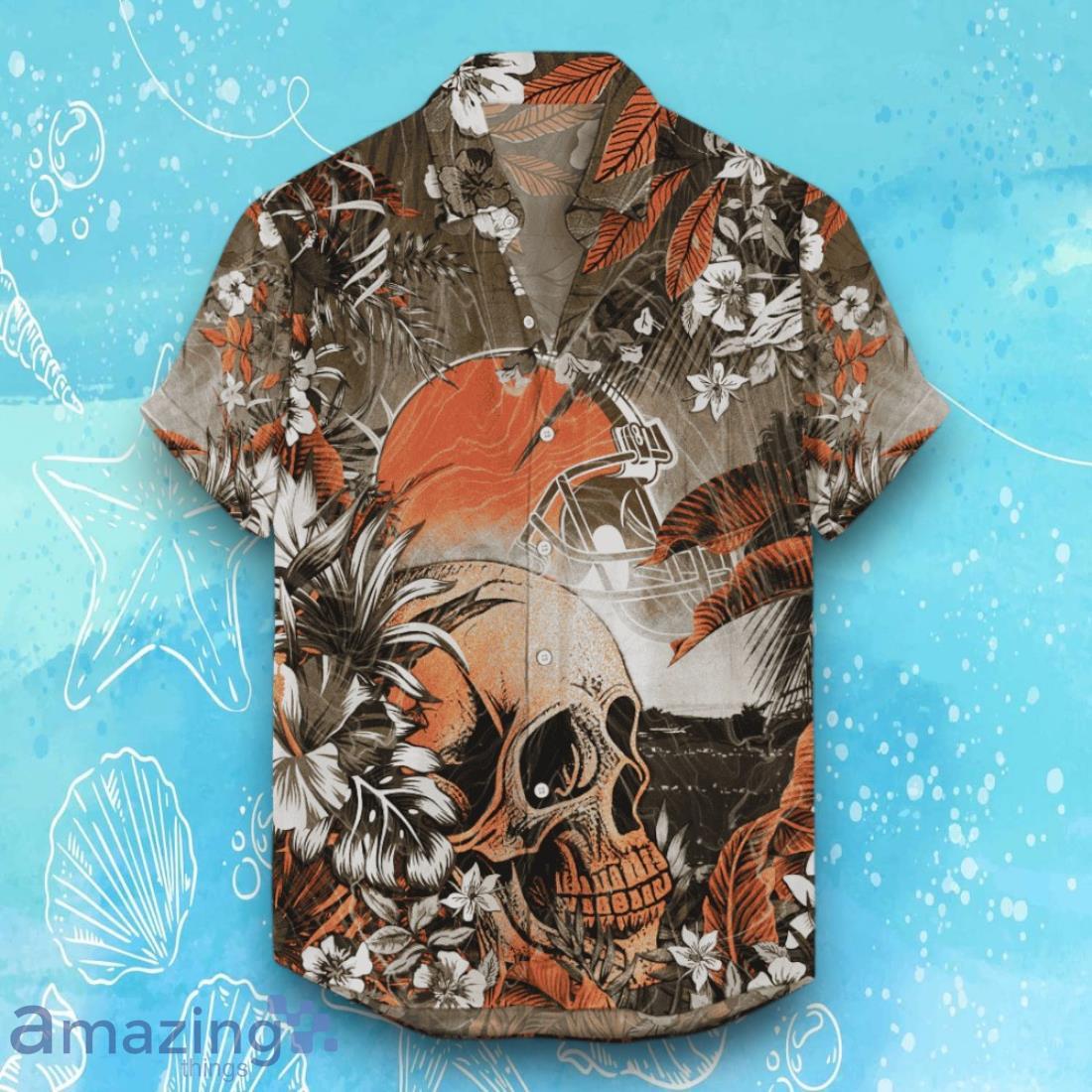 Cleveland Browns Hawaiian Shirt Tropical Skull Halloween For Fans image Cleveland Browns Hawaiian Shirt Tropical Skull Halloween For Fans Product Photo 1