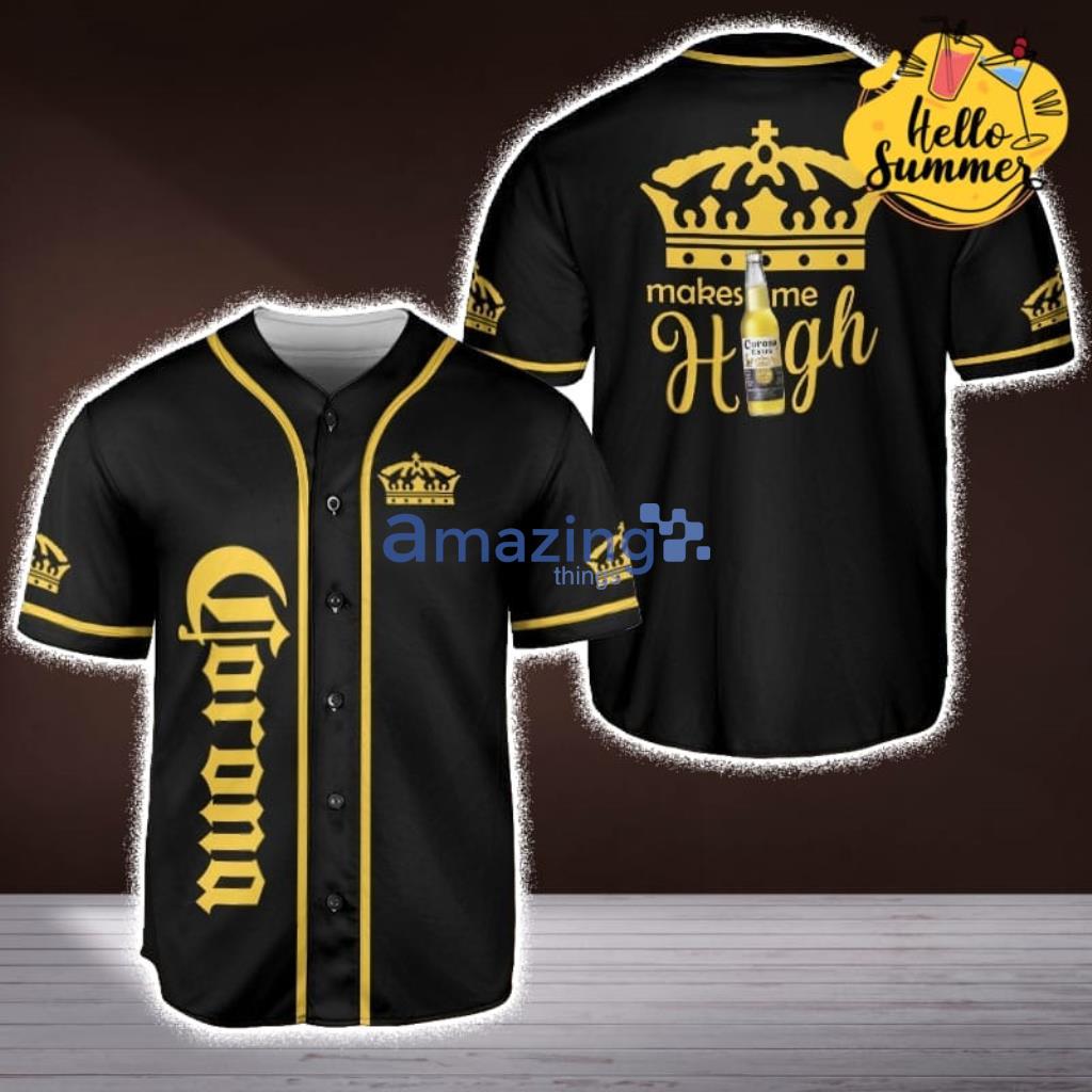 Corona Beer Makes Me High Corona King Beer Logo Design Black Baseball Jersey Shirt image Corona Beer Makes Me High Corona King Beer Logo Design Black Baseball Jersey Shirt Product Photo 1