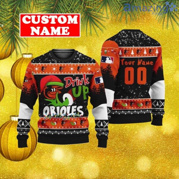 Custom MLB Baltimore Orioles Ugly Christmas Sweater Grinch Drink Up Gift For Men And Women Product Photo 1