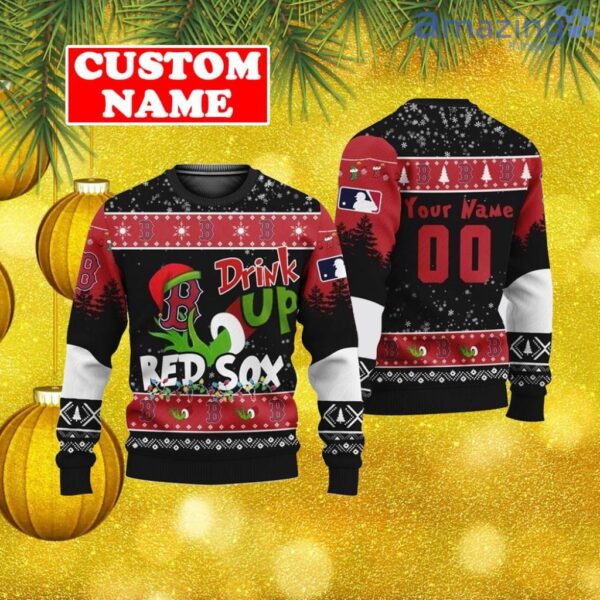 Custom MLB Boston Red Sox Ugly Christmas Sweater Grinch Drink Up Gift For Men And Women Product Photo 1