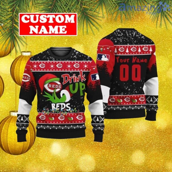 Custom MLB Cincinnati Reds Ugly Christmas Sweater Grinch Drink Up Gift For Men And Women Product Photo 1