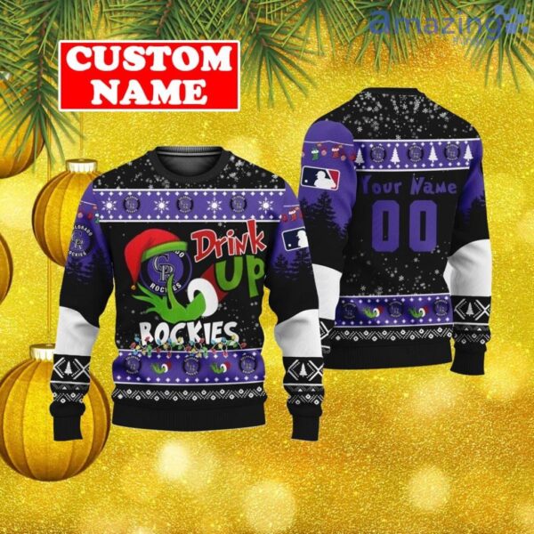 Custom MLB Colorado Rockies Ugly Christmas Sweater Grinch Drink Up Gift For Men And Women Product Photo 1