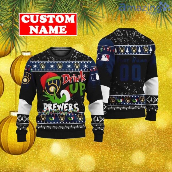 Custom MLB Milwaukee Brewers Ugly Christmas Sweater Grinch Drink Up Gift For Men And Women Product Photo 1