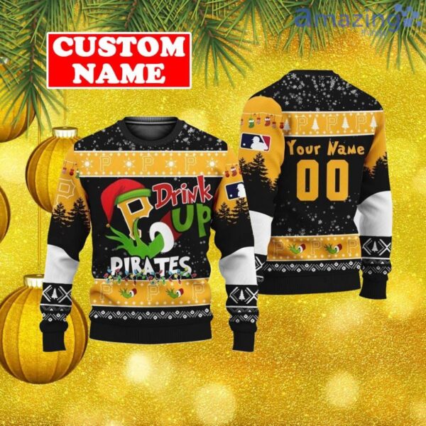 Custom MLB Pittsburgh Pirates Ugly Christmas Sweater Grinch Drink Up Gift For Men And Women Product Photo 1