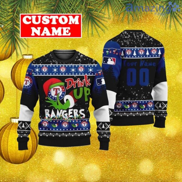 Custom MLB Texas Rangers Ugly Christmas Sweater Grinch Drink Up Gift For Men And Women Product Photo 1