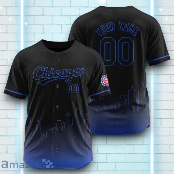 Custom Name Chicago Cubs Black Blue Pattern Baseball Jersey For Sport Fans Product Photo 1