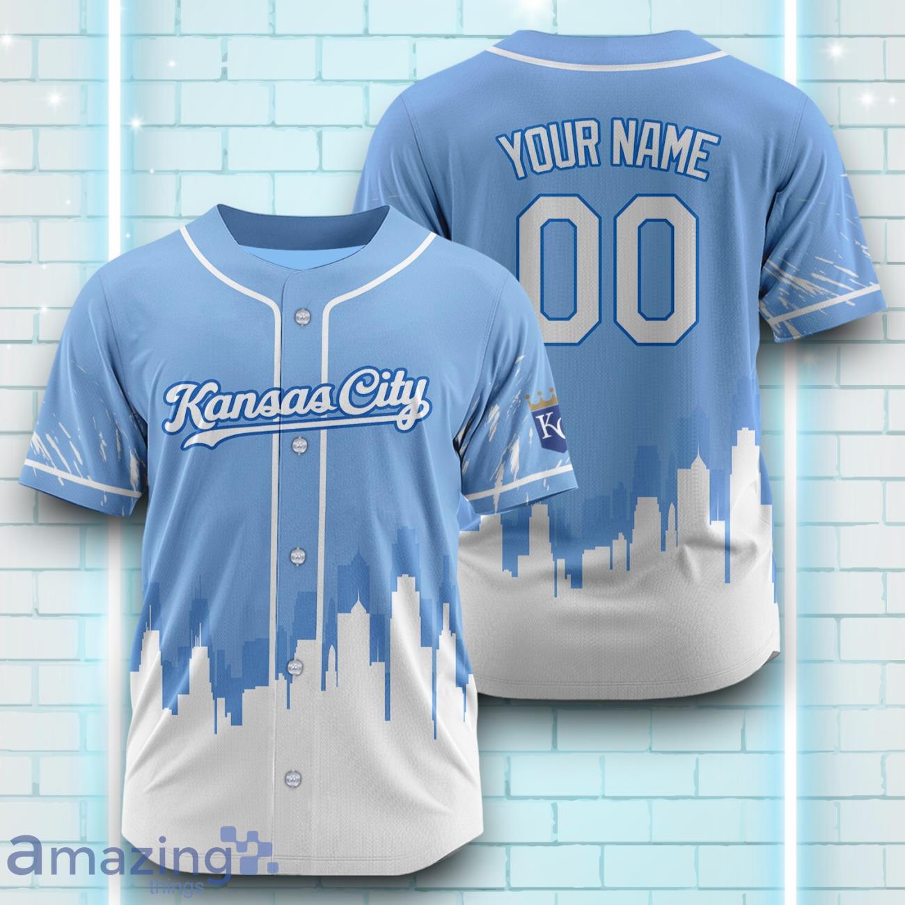 Custom Name Kansas City Royals Blue White Pattern Baseball Jersey For Sport Fans image Custom Name Kansas City Royals Blue White Pattern Baseball Jersey For Sport Fans Product Photo 1
