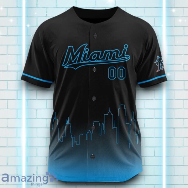 Custom Name Miami Marlins Black Blue Pattern Baseball Jersey For Sport Fans Product Photo 2