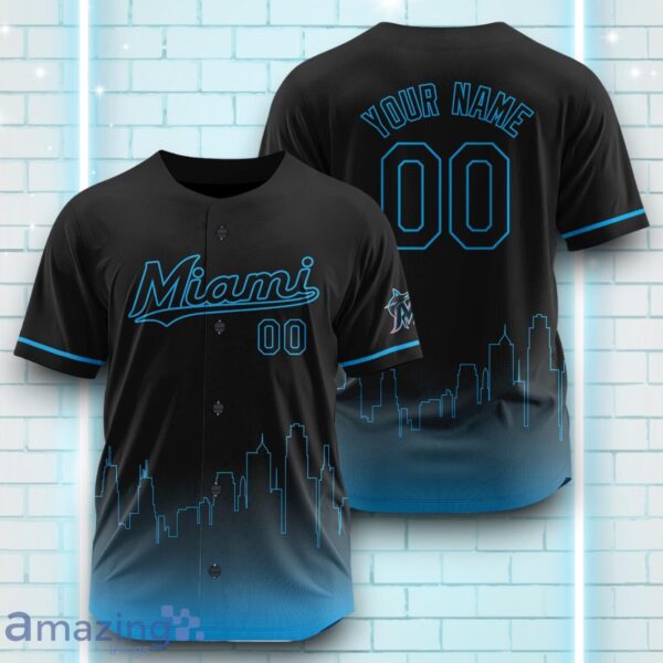 Custom Name Miami Marlins Black Blue Pattern Baseball Jersey For Sport Fans Product Photo 1