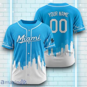 Custom Name Miami Marlins Blue White Pattern Baseball Jersey For Sport Fans Product Photo 1