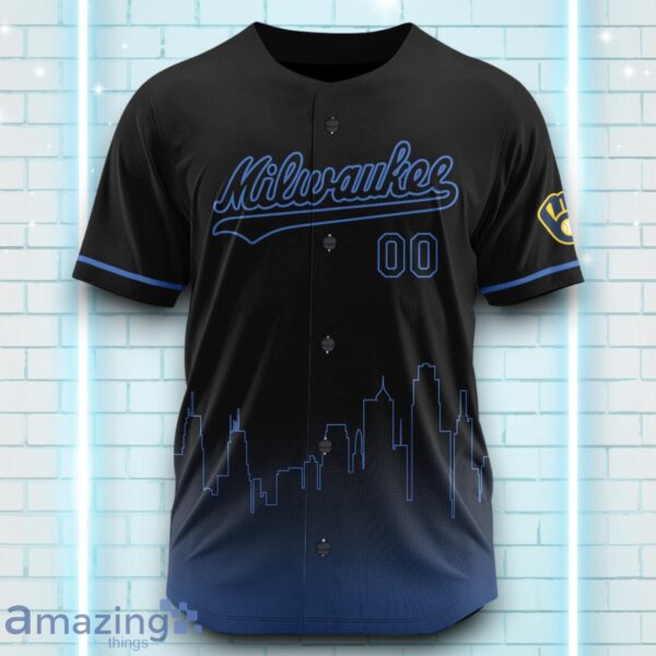 Custom Name Milwaukee Brewers Black Blue Pattern Baseball Jersey For Sport Fans Product Photo 2
