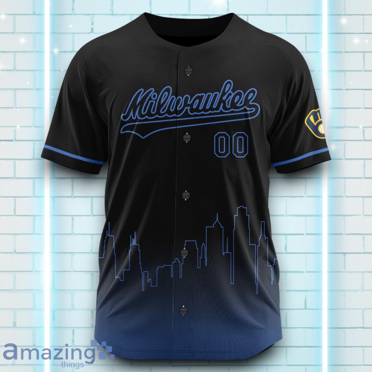 Custom Name Milwaukee Brewers Black Blue Pattern Baseball Jersey For Sport Fans image Custom Name Milwaukee Brewers Black Blue Pattern Baseball Jersey For Sport Fans Product Photo 2