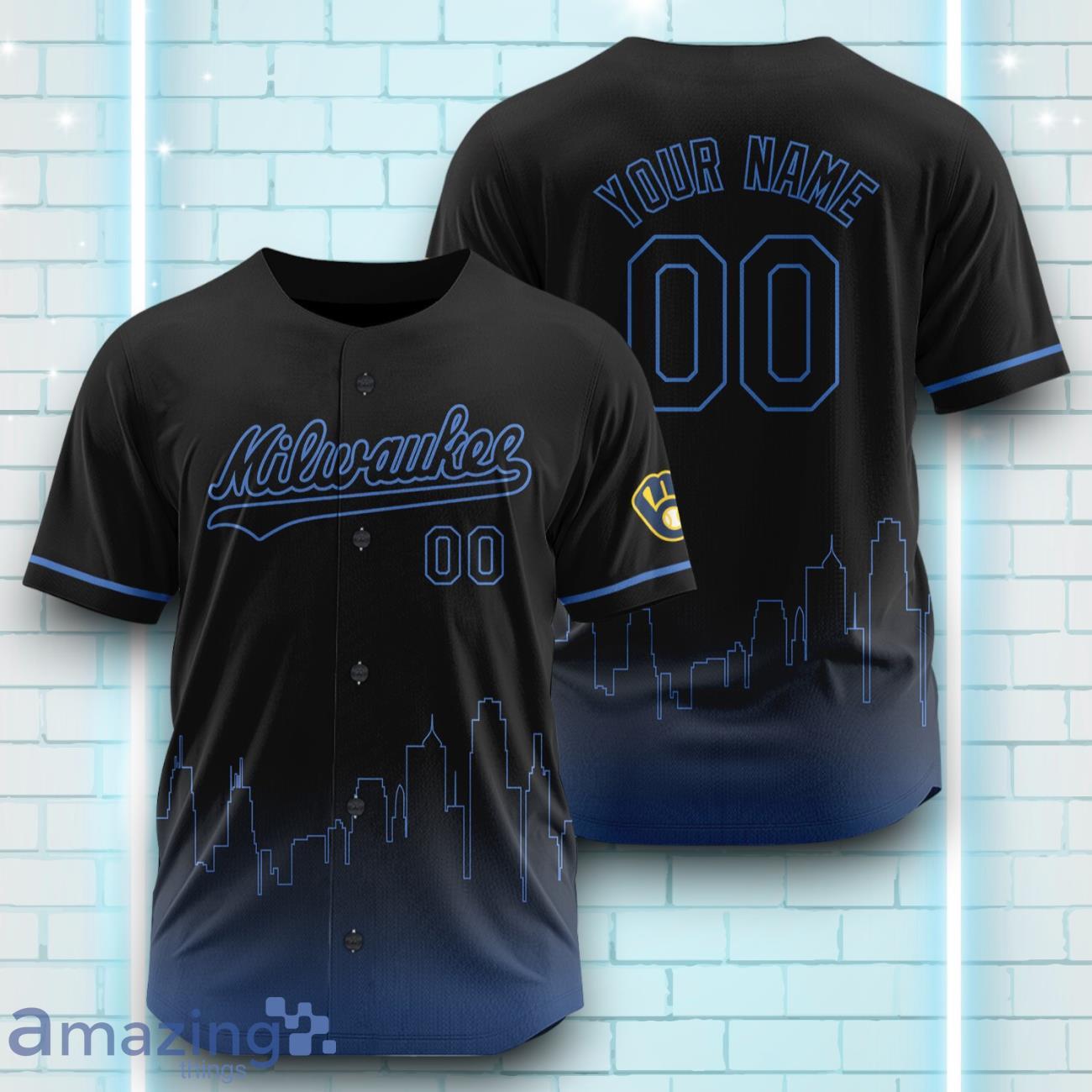 Custom Name Milwaukee Brewers Black Blue Pattern Baseball Jersey For Sport Fans image Custom Name Milwaukee Brewers Black Blue Pattern Baseball Jersey For Sport Fans Product Photo 1