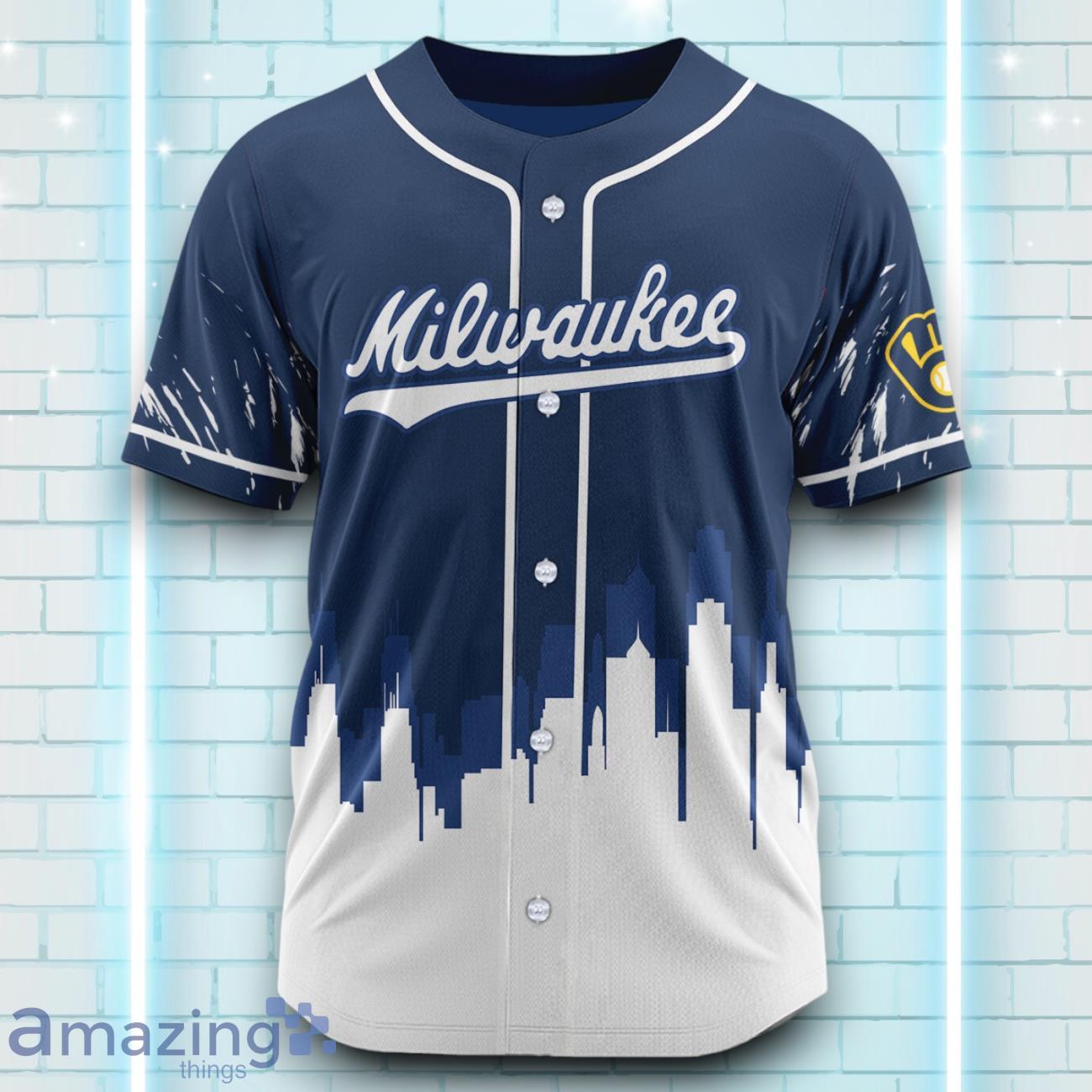 Custom Name Milwaukee Brewers Blue White Pattern Baseball Jersey For Sport Fans image Custom Name Milwaukee Brewers Blue White Pattern Baseball Jersey For Sport Fans Product Photo 2
