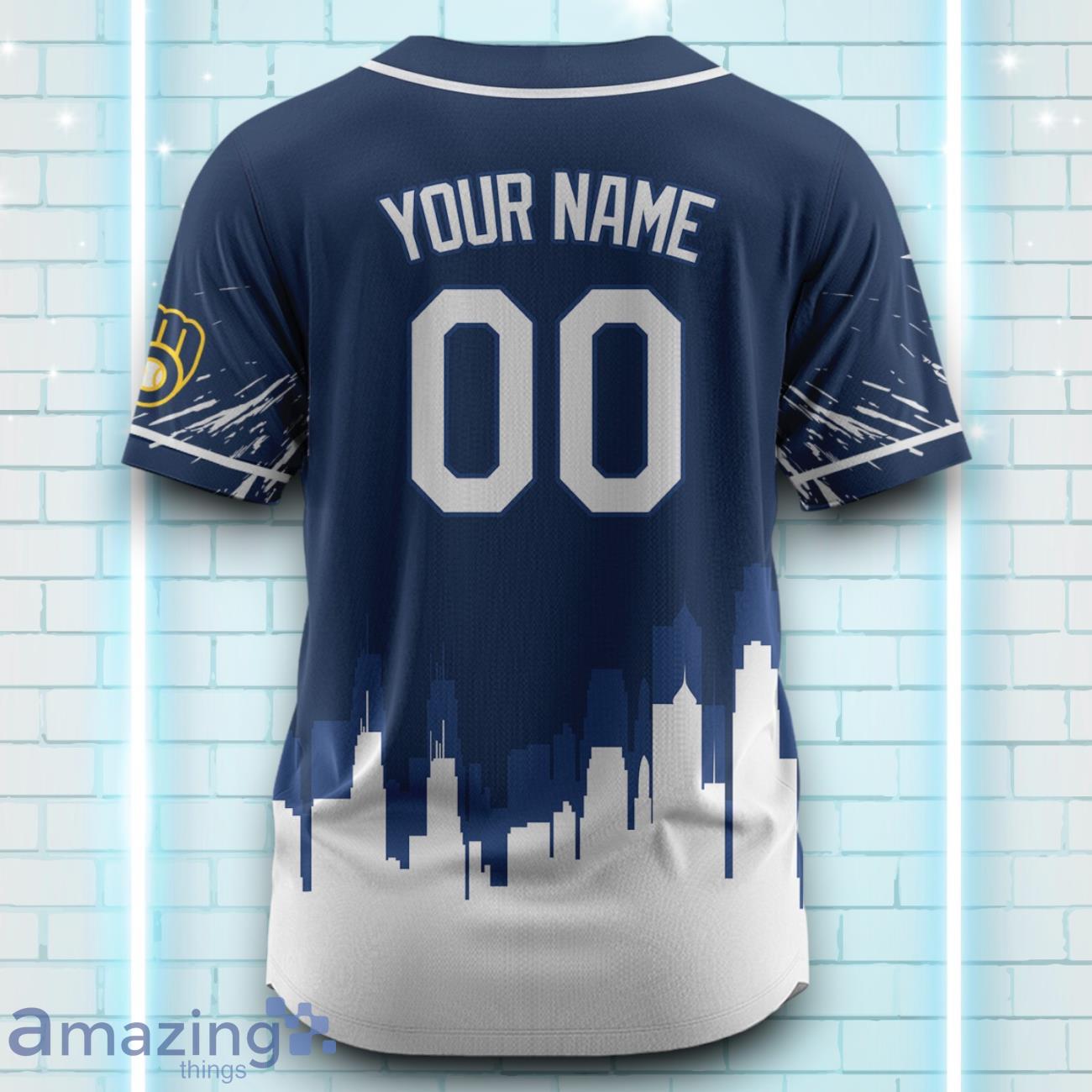 Custom Name Milwaukee Brewers Blue White Pattern Baseball Jersey For Sport Fans image Custom Name Milwaukee Brewers Blue White Pattern Baseball Jersey For Sport Fans Product Photo 3