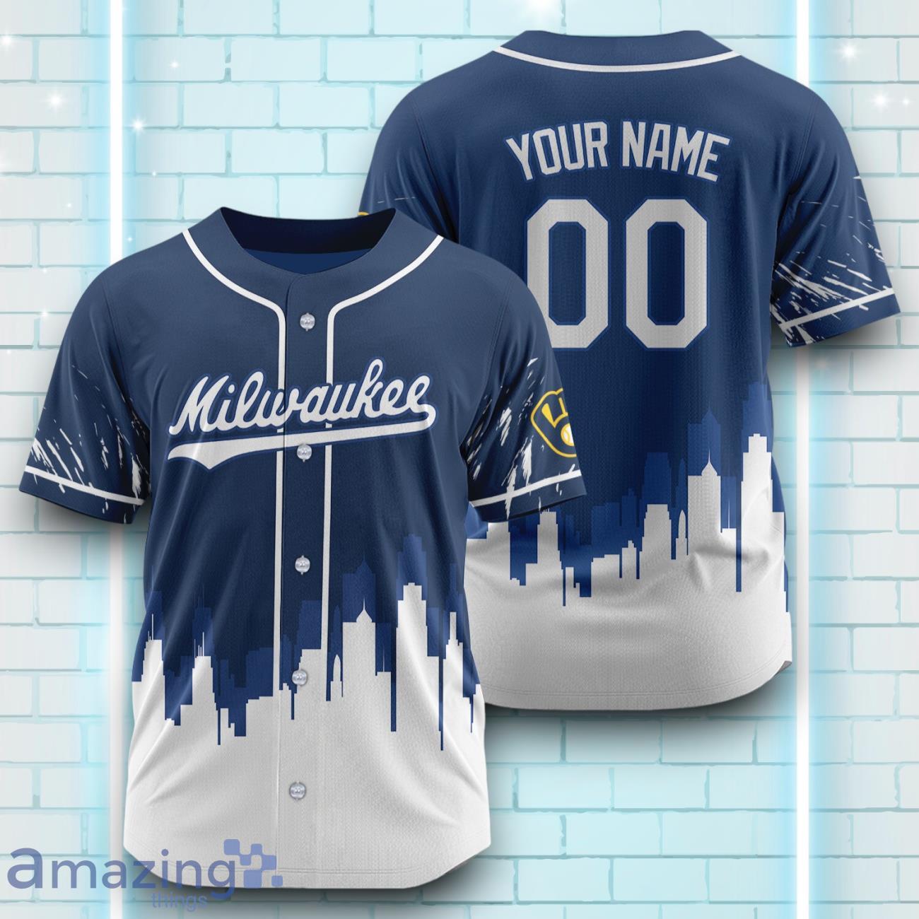 Custom Name Milwaukee Brewers Blue White Pattern Baseball Jersey For Sport Fans image Custom Name Milwaukee Brewers Blue White Pattern Baseball Jersey For Sport Fans Product Photo 1