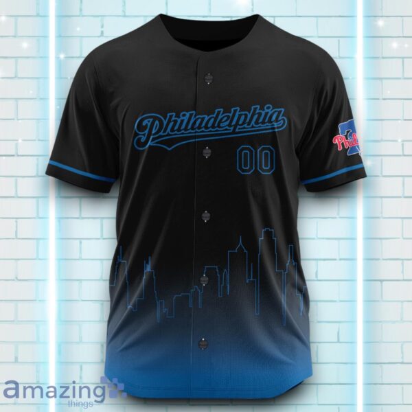 Custom Name Philadelphia Phillies Black Blue Pattern Baseball Jersey For Sport Fans Product Photo 2
