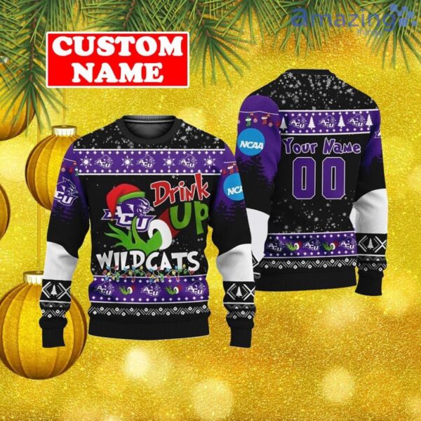 Custom NCAA Abilene Christian Wildcats Ugly Christmas Sweater Grinch Drink Up Gift For Men And Women Product Photo 1