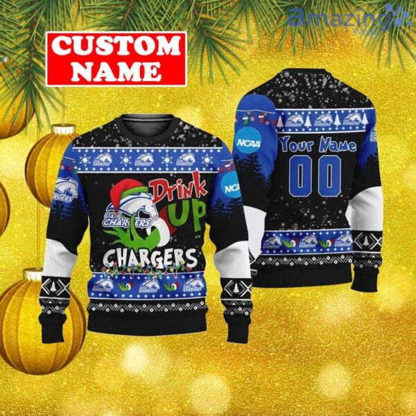 Custom NCAA Alabama-Huntsville Chargers Ugly Christmas Sweater Grinch Drink Up Gift For Men And Women Product Photo 1