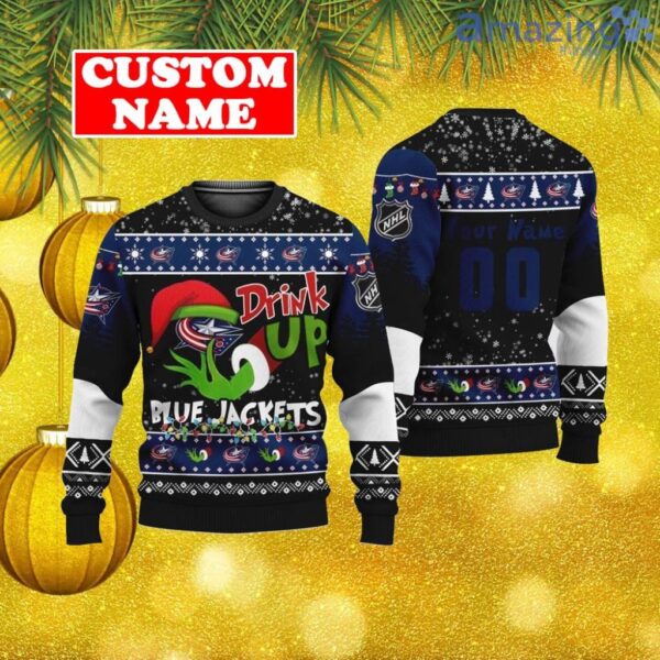 Custom NHL Columbus Blue Jackets Ugly Christmas Sweater Grinch Drink Up Gift For Men And Women Product Photo 1