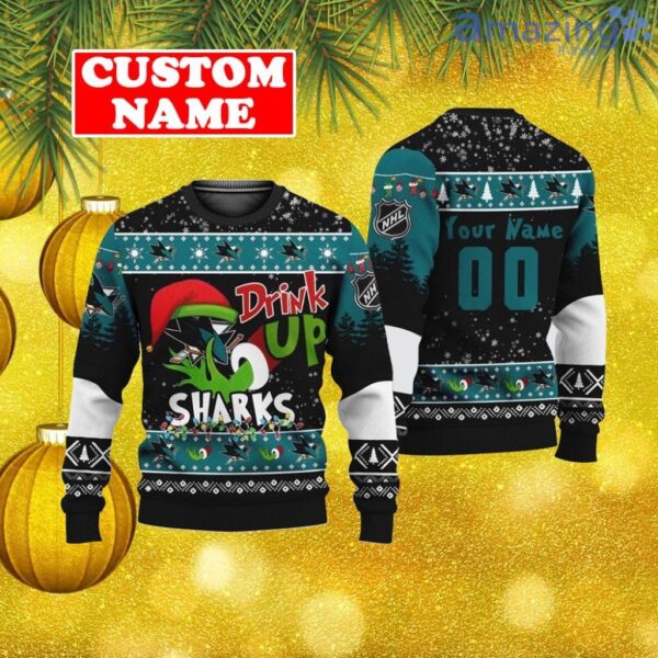 Custom NHL San Jose Sharks Ugly Christmas Sweater Grinch Drink Up Gift For Men And Women Product Photo 1