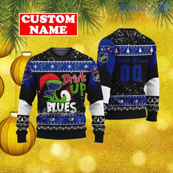 Custom NHL St. Louis Blues Ugly Christmas Sweater Grinch Drink Up Gift For Men And Women Product Photo 1