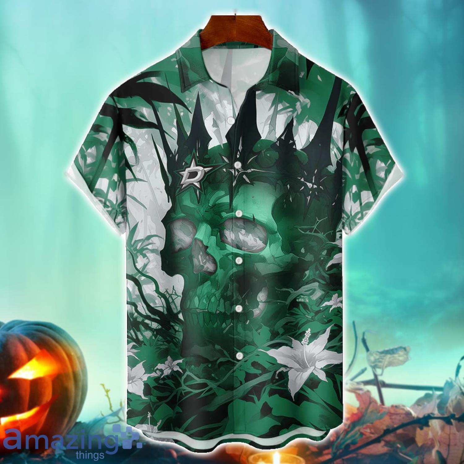 Dallas Stars NHL Halloween Skull 3DHawaiian Shirt Halloween Gift For Men Women image Dallas Stars NHL Halloween Skull 3DHawaiian Shirt Halloween Gift For Men Women Product Photo 1