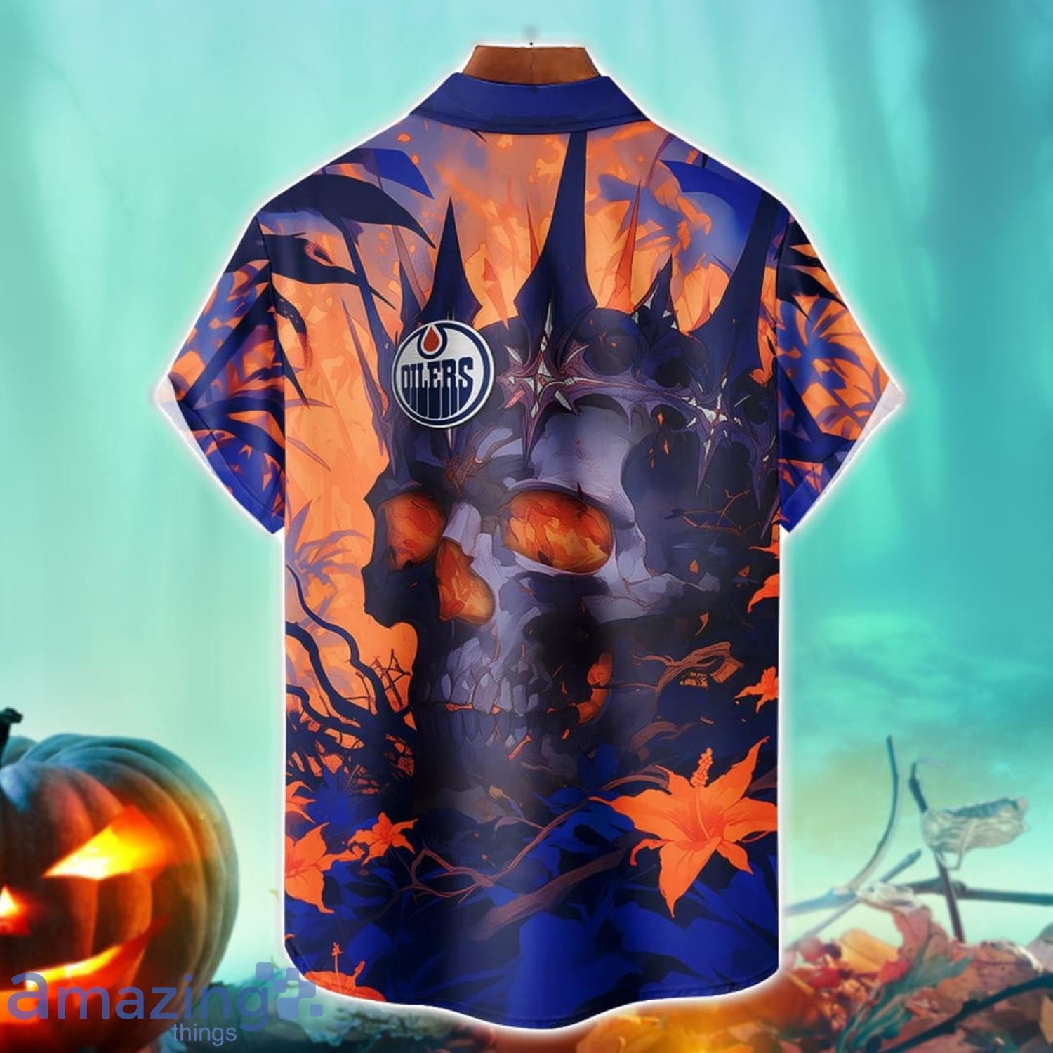 Edmonton Oilers NHL Halloween Skull 3DHawaiian Shirt Halloween Gift For Men Women image Edmonton Oilers NHL Halloween Skull 3DHawaiian Shirt Halloween Gift For Men Women Product Photo 2