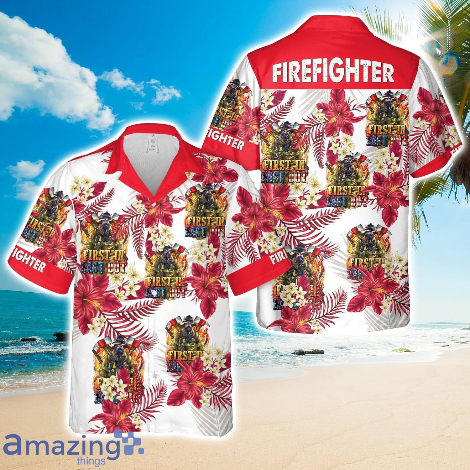 First In last Out American Firefighter Hawaiian Shirt Summer Vacation Gift image First In last Out American Firefighter Hawaiian Shirt Summer Vacation Gift Product Photo 1