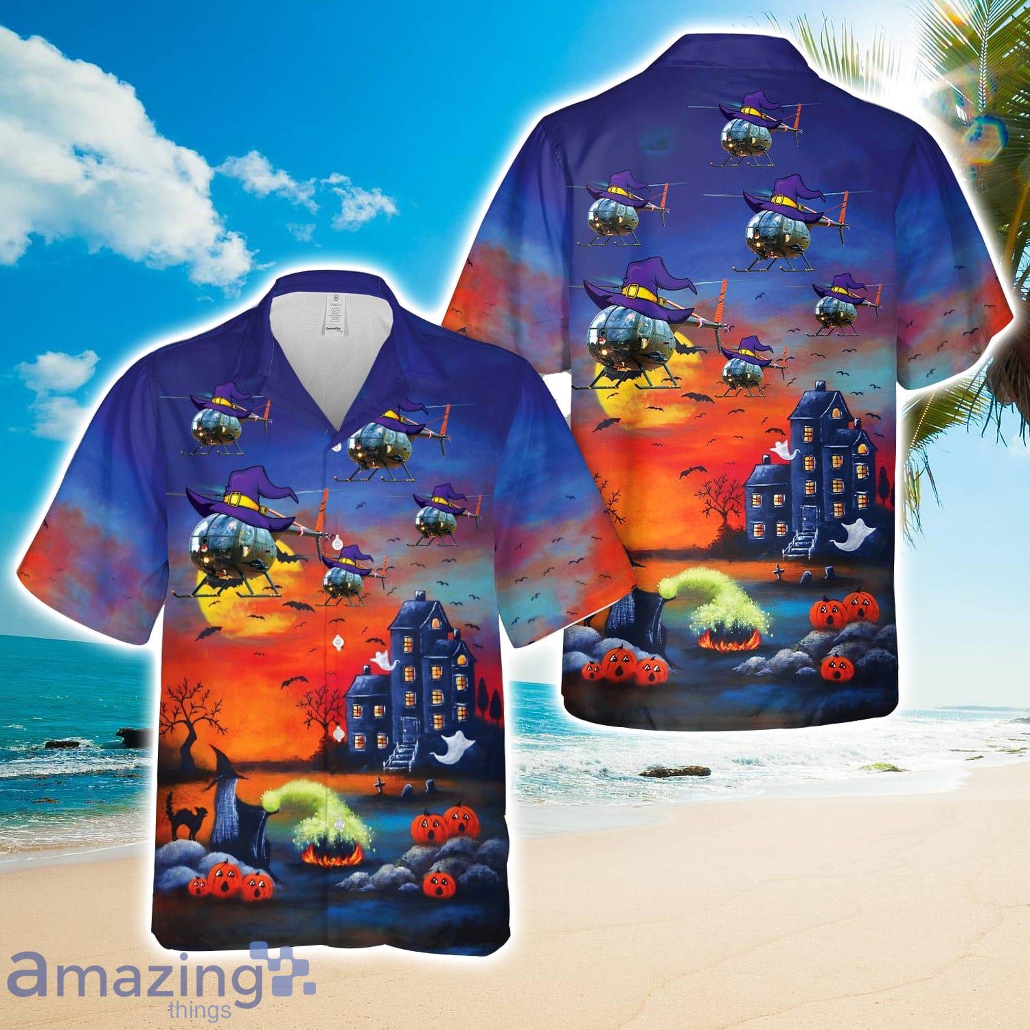 Hughes OH 6 Cayuse Halloween Hawaiian Shirt image Hughes OH-6 Cayuse Halloween Hawaiian Shirt Product Photo 1