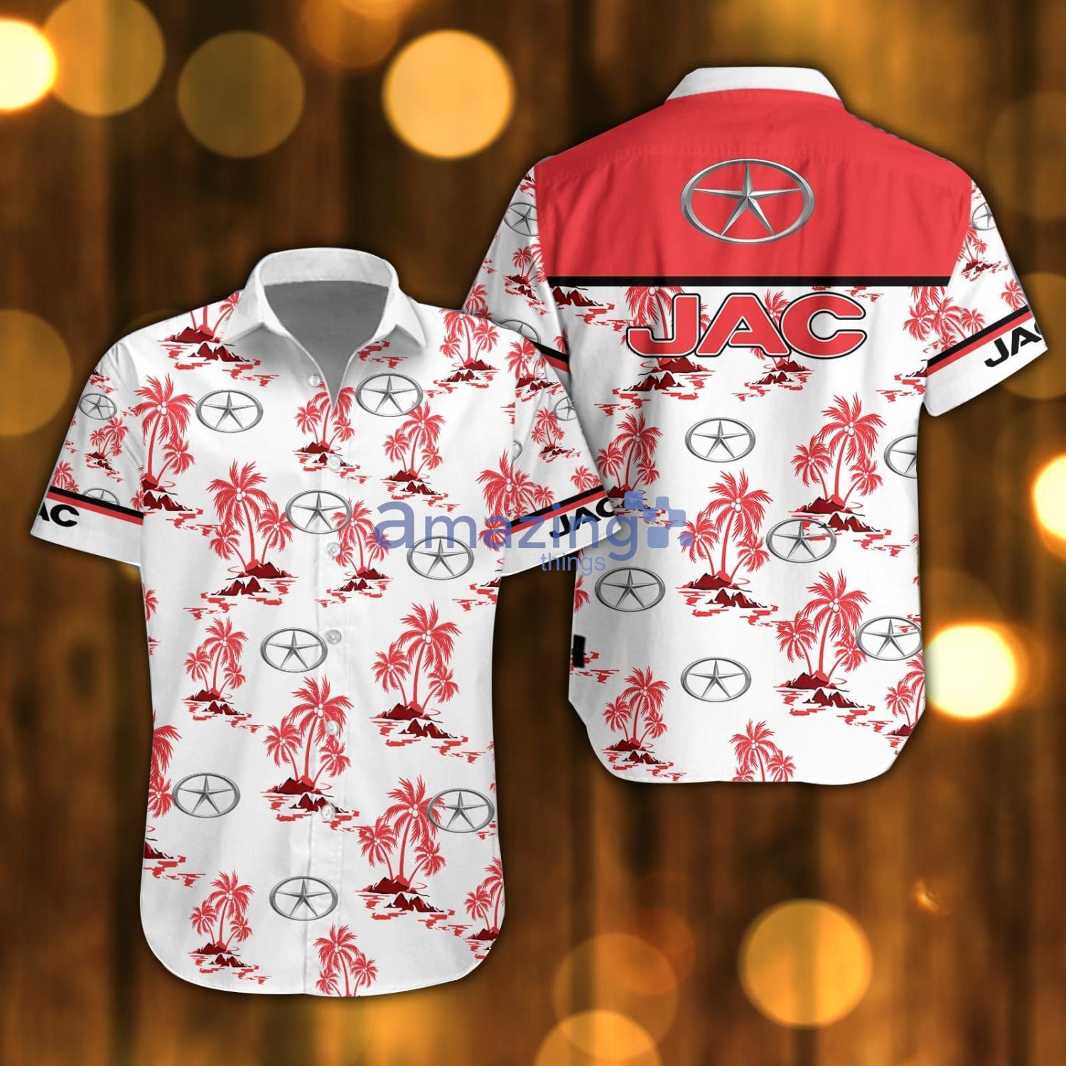 JAC Beach Shirt Logo Printed White Hawaiian Shirt For Men And Women Product Photo 1