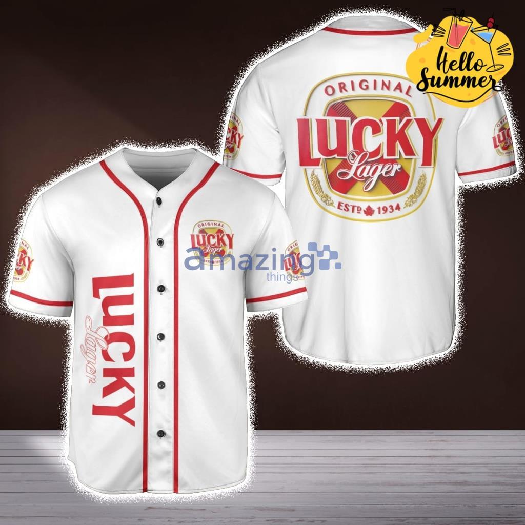 Lucky Lager Beer Since 1934 Famous Beer Lucky Larger Baseball Jersey Shirt image Lucky Lager Beer Since 1934 Famous Beer Lucky Larger Baseball Jersey Shirt Product Photo 1