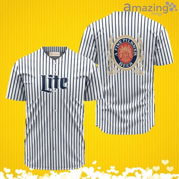 Miller Lite Blue And White Striped Baseball Jersey Shirt New Fashion Product Photo 1