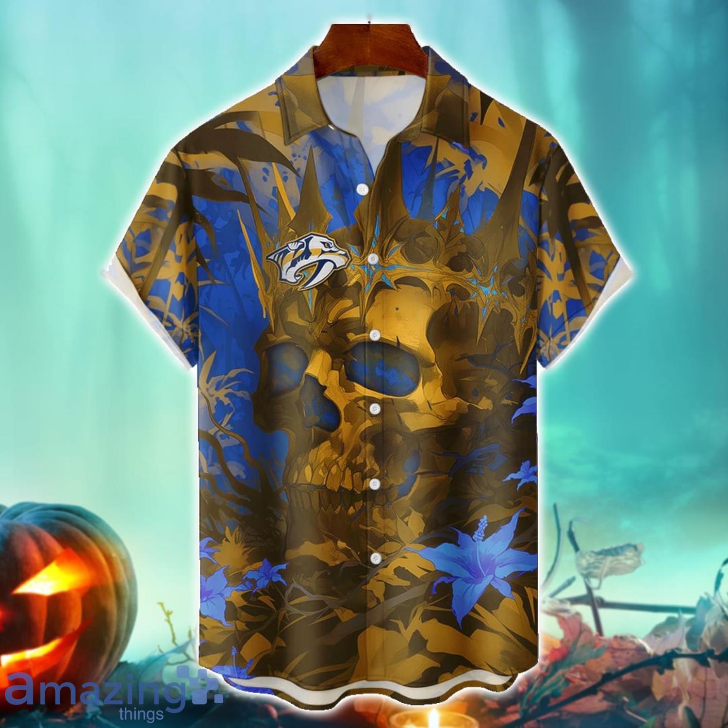 Nashville Predators NHL Halloween Skull 3DHawaiian Shirt Halloween Gift For Men Women image Nashville Predators NHL Halloween Skull 3DHawaiian Shirt Halloween Gift For Men Women Product Photo 1