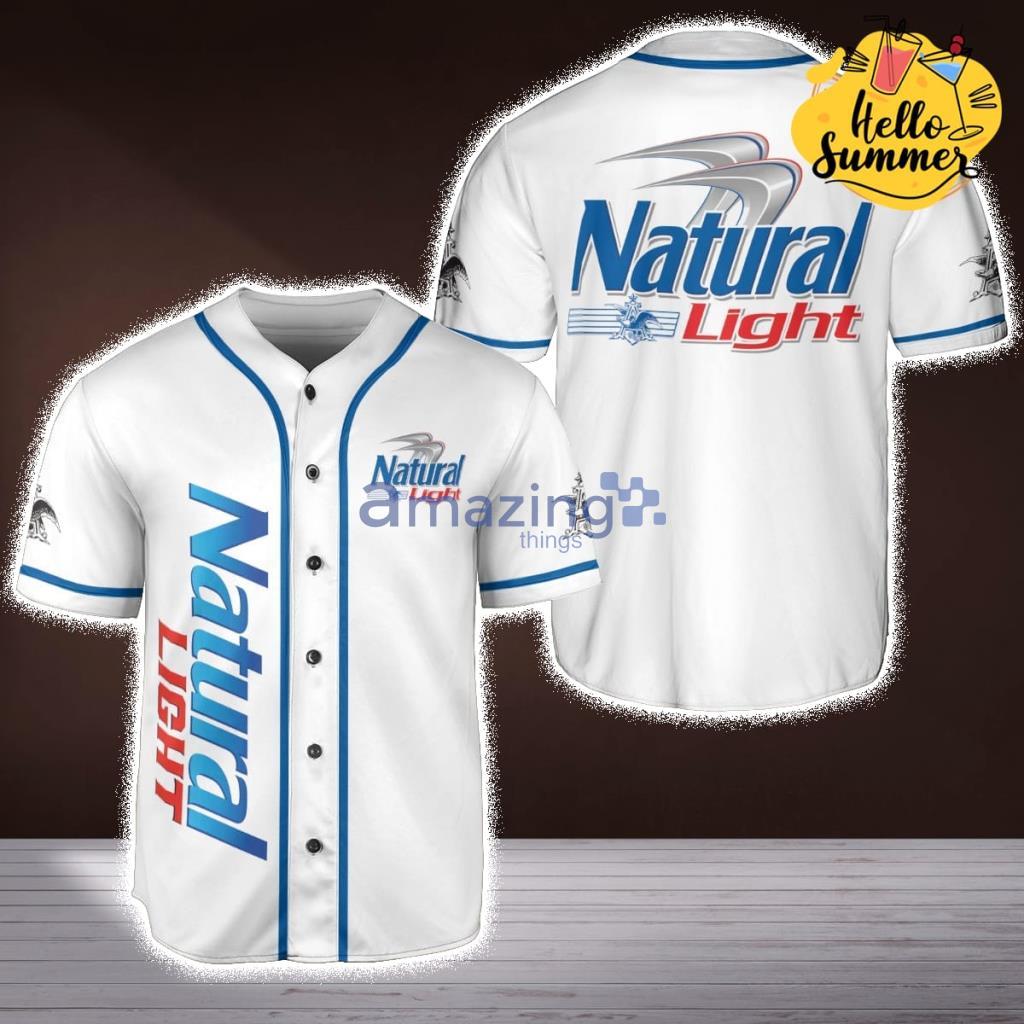 Natural Light Beer White Baseball Jersey Shirt image Natural Light Beer White Baseball Jersey Shirt Product Photo 1