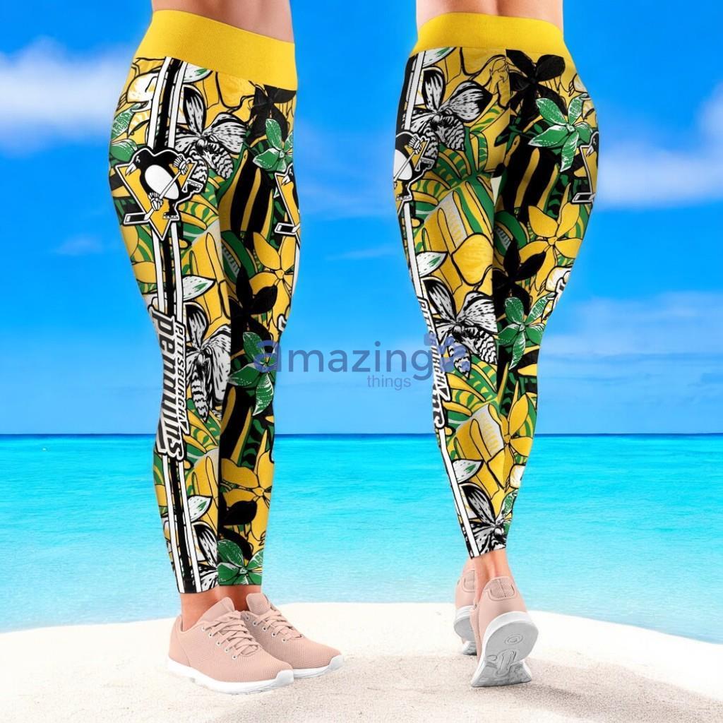 NHL Pittsburgh Penguins Trending Summer Flower Pattern Aloha Football Leggings For Women image NHL Pittsburgh Penguins Trending Summer Flower Pattern Aloha Football Leggings For Women Product Photo 1