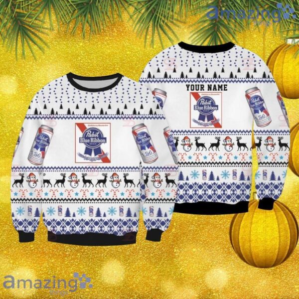 Pabst Blue Ribbon Custom Name Knitting Ugly Sweater 3D Gift Christmas Sweatshirt Product Photo 1